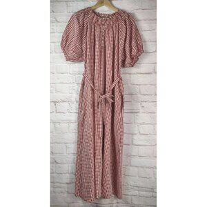 Roolee Cherry Red Plaid Gingham Midi Dress Sz Large Puff Sleeves Belted Prairie
